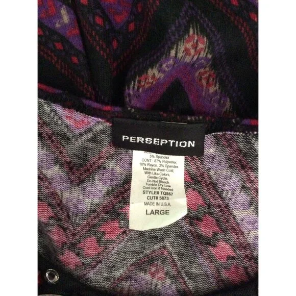 Perseption Women L Black Purple Shirt Zigzag Print Beaded Rhinestones Career - Picture 4 of 6